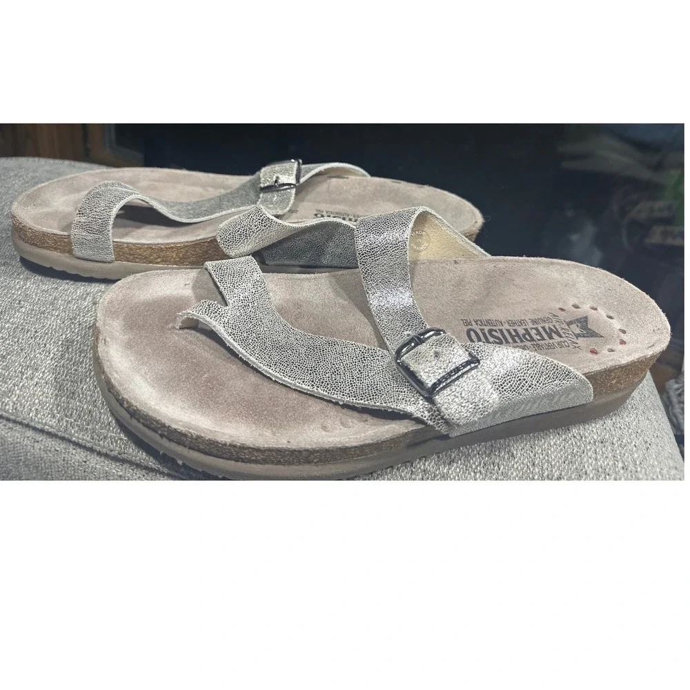 Mephisto Helen Silver Metallic Leather Cork Footbed Sandals Womens 39 France - Picture 1 of 5